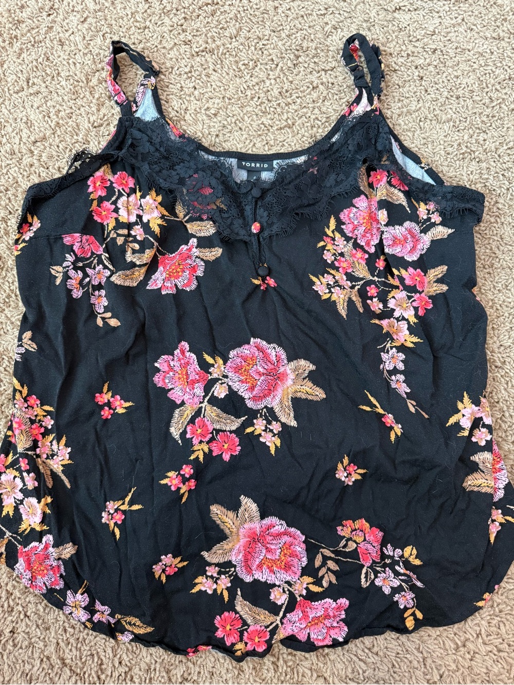 torrid Black Floral Lace-Trim Camisole with Pink & Coral Embroidery